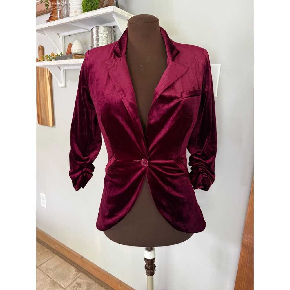 Esley Burgundy Velvet Ruched Sleeve Blazer Jacket XS Wine‎ Red Single Button